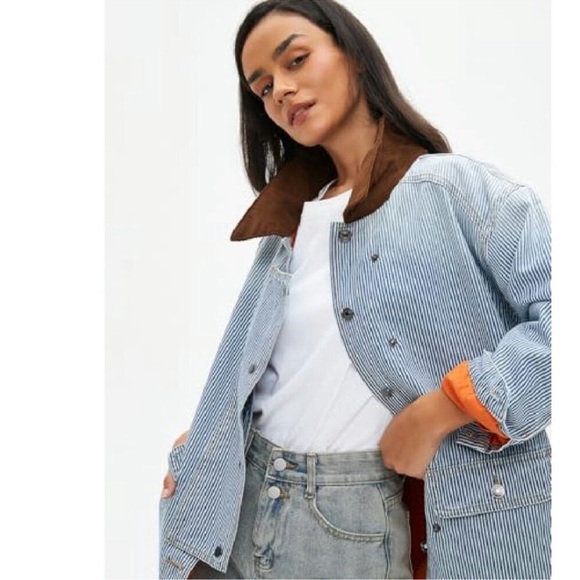 Oversized Denim Jacket with Corduroy Collar, Button Down, Long Sleeve new - Picture 7 of 10